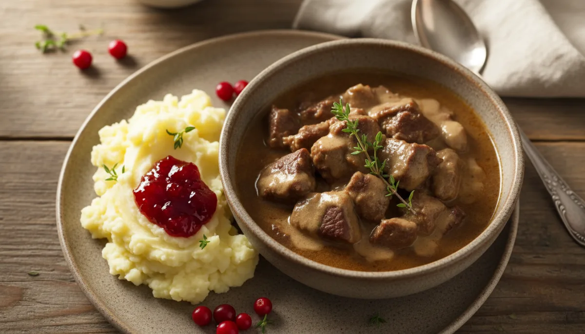 Traditional Finnish Reindeer Stew with Creamy Mashed Potatoes and Lingonberries
