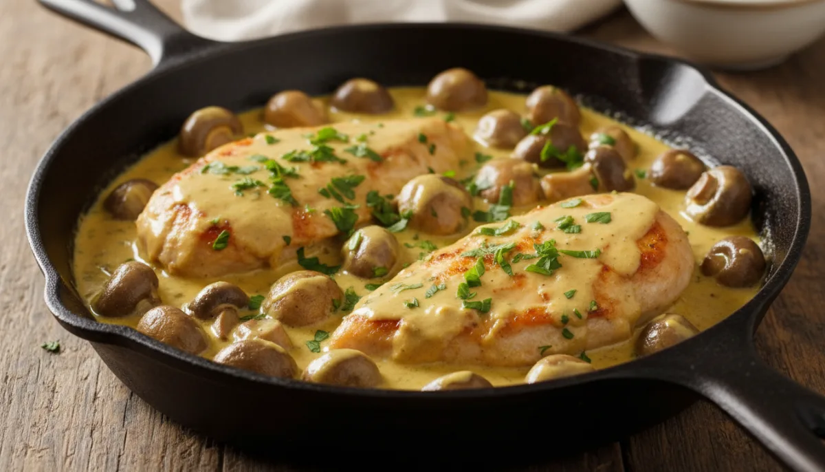 Pollo e Funghi alla Francese in Padella con Salsa Cremosa alla Senape di Digione