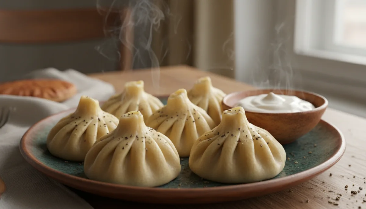 Hearty Georgian Breakfast Khinkali with Black Pepper and Sour Cream
