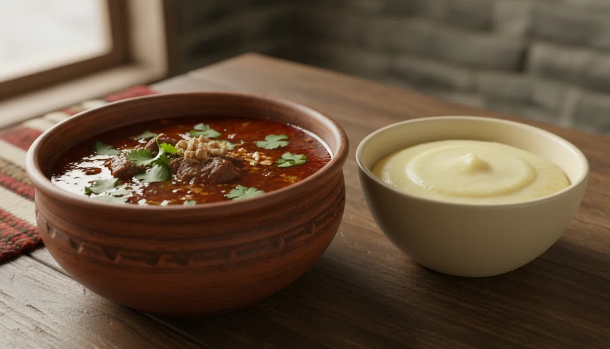 Georgian Kharcho (Beef and Walnut Soup) with Creamy Ghomi