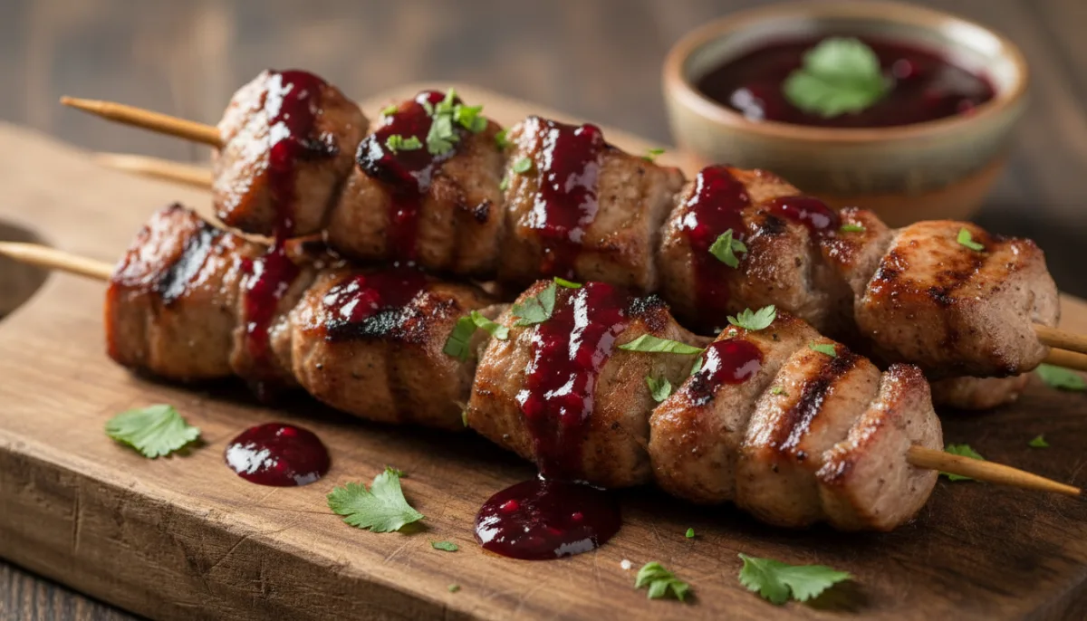 Georgian Mtsvadi: Grilled Pork Skewers with Pomegranate Sauce