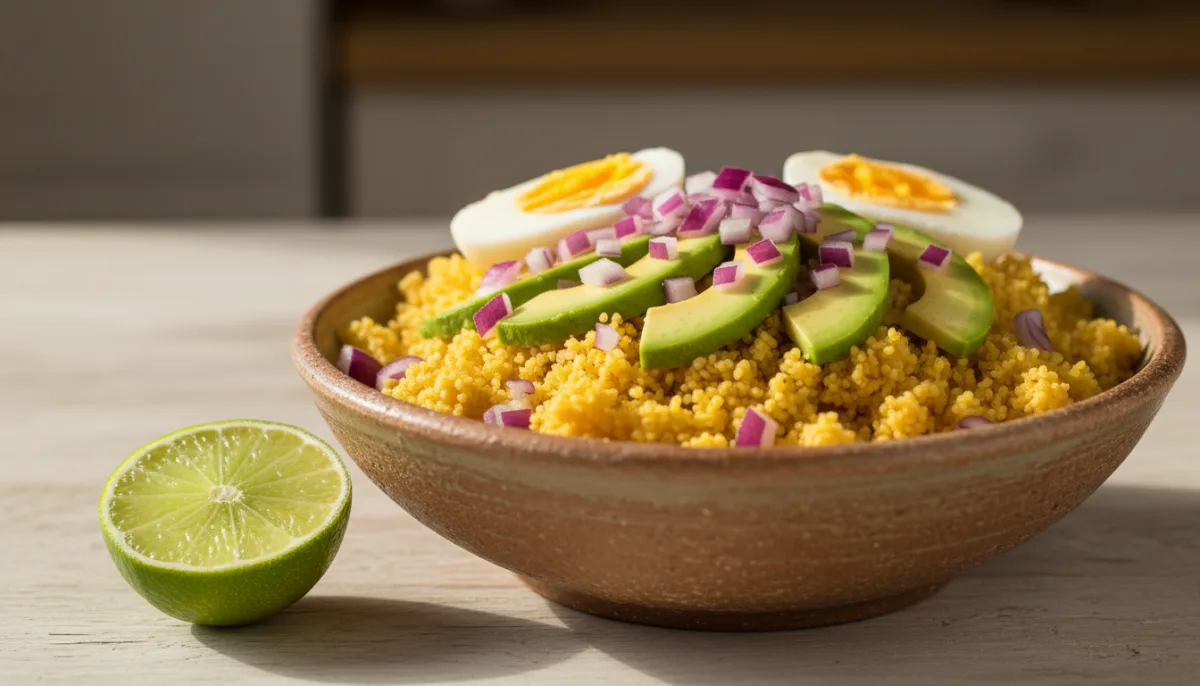 Ghanaian Akyeke (Cassava Couscous) with Avocado and Hard-Boiled Eggs