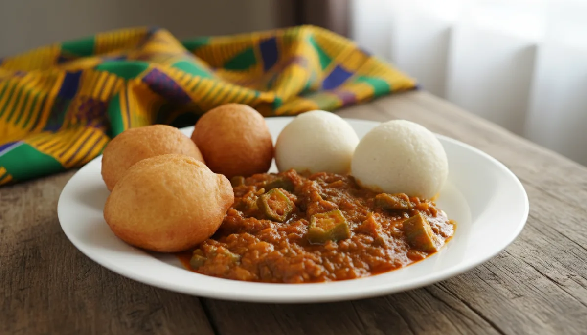 Ghanaian Bofrot with Akple and Okra Stew