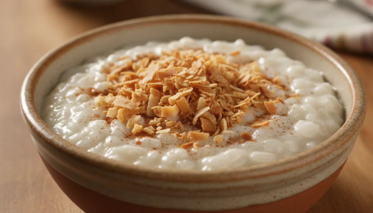 Arroz con Leche Cremoso de Coco y Jengibre Ghanés con Hojuelas Tostadas