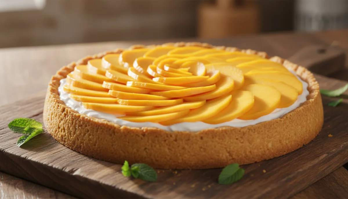 Tarta Tropical Ghanesa de Coco y Mango con Crujiente Base de Jengibre