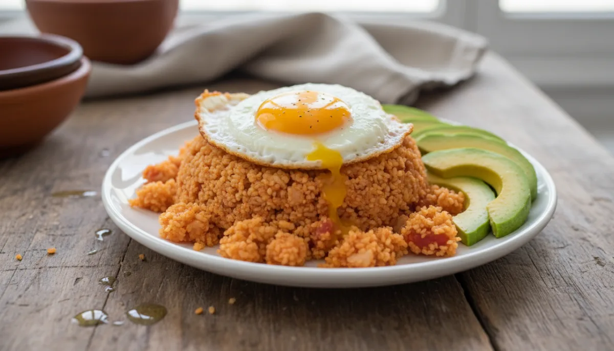 Ghanaian Gari Foto with Fried Eggs and Avocado