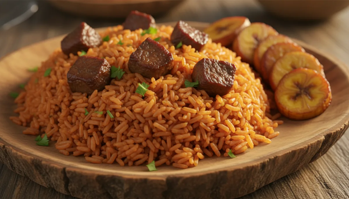 Ghanaian Jollof Rice with Fried Plantains and Beef