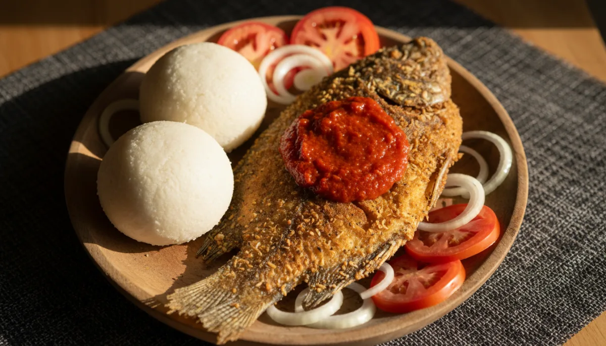 Authentisches Ghanaisches Kenkey mit Knusprigem Gebratenem Tilapia und Würziger Pfeffersauce