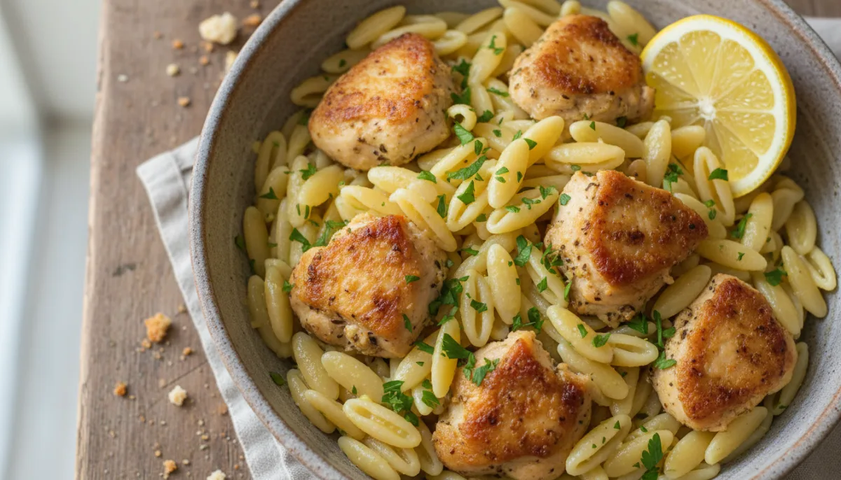 Tiganj me Pulë Greke me Limon dhe Orzo