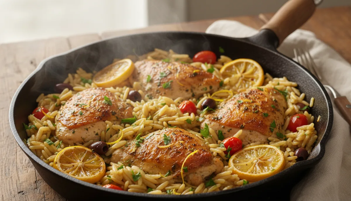 Greek Lemon Herb Chicken and Orzo Skillet