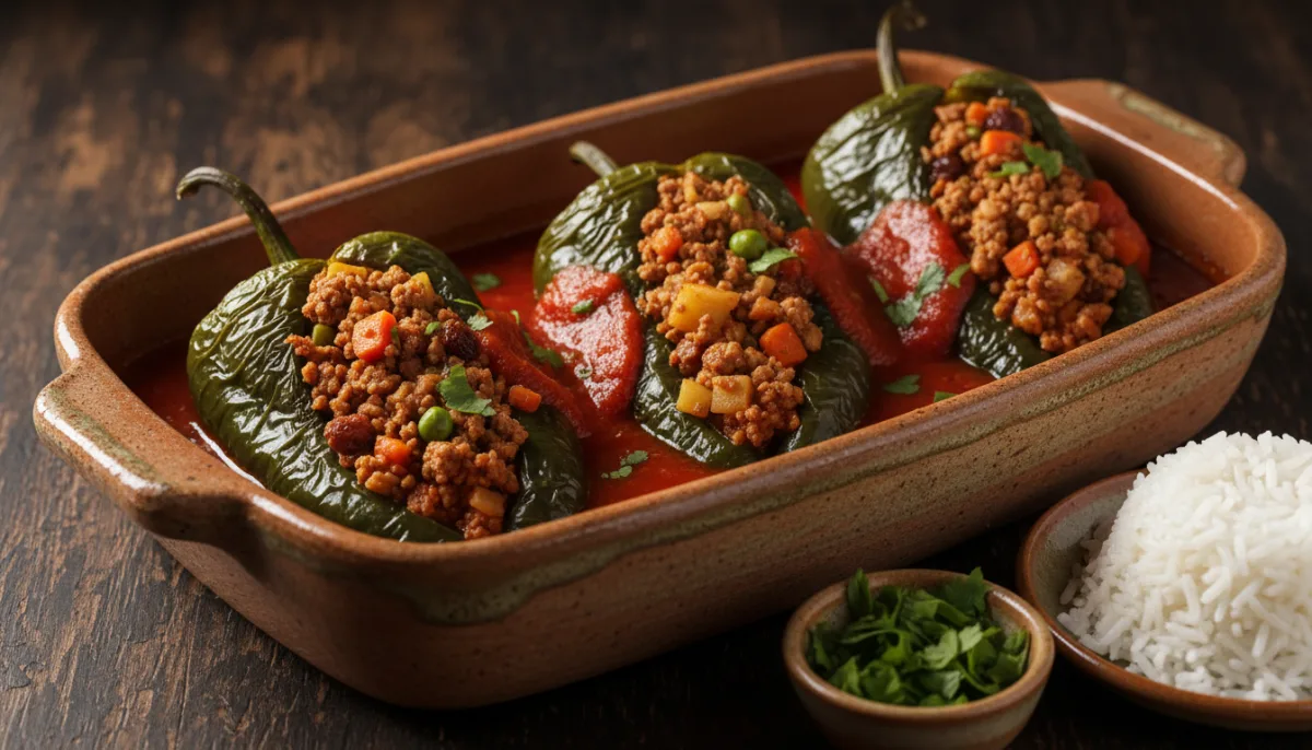 Guatemaltekische Chiles Rellenos mit Picadillo und Tomatensauce