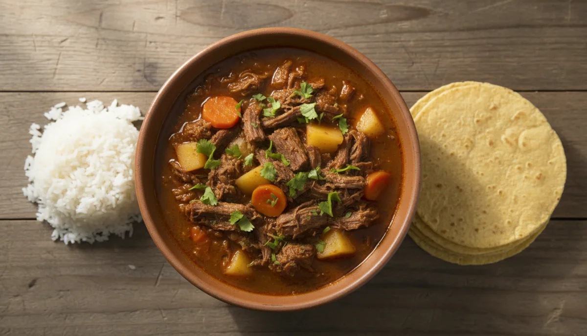 Guatemalan Hilachas: Shredded Beef Stew with Rice and Tortillas
