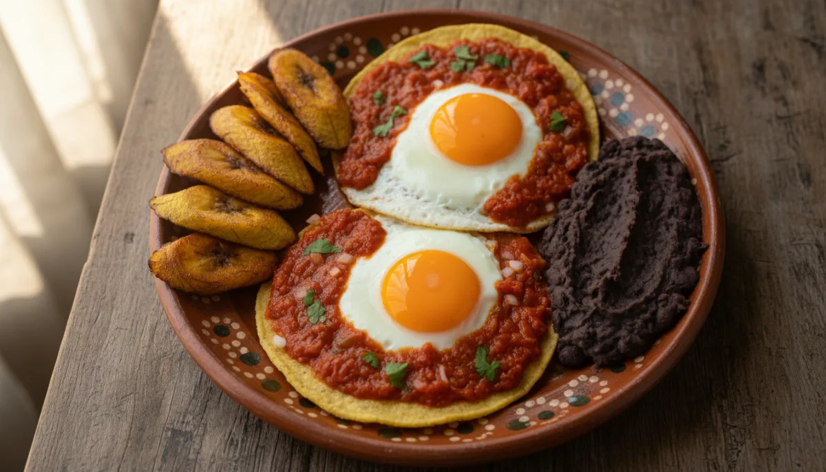 Huevos Motuleños Guatemalase me Plantanë të Skuqur dhe Fasule të Përpunuara
