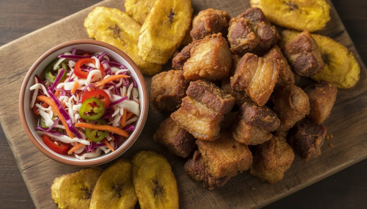 Griot Haitian (Mish Derri i Fërguar) me Pikliz dhe Banan Peze