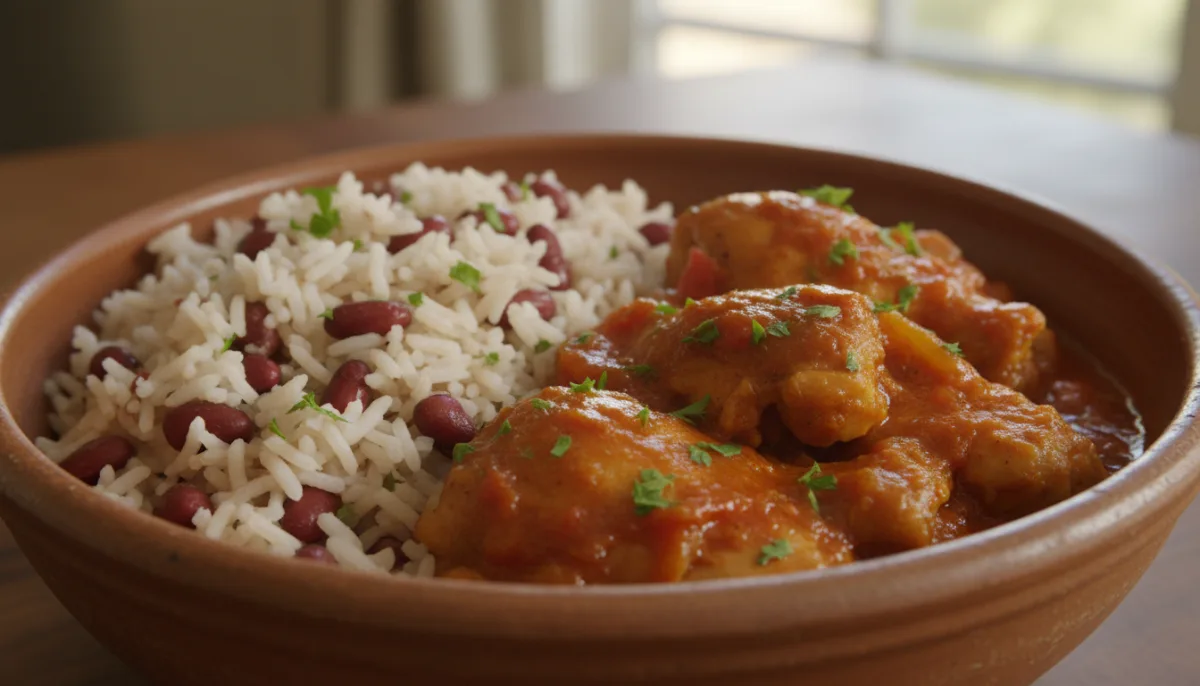 Haitian Poulet en Sauce (Chicken in Sauce) with Rice and Beans