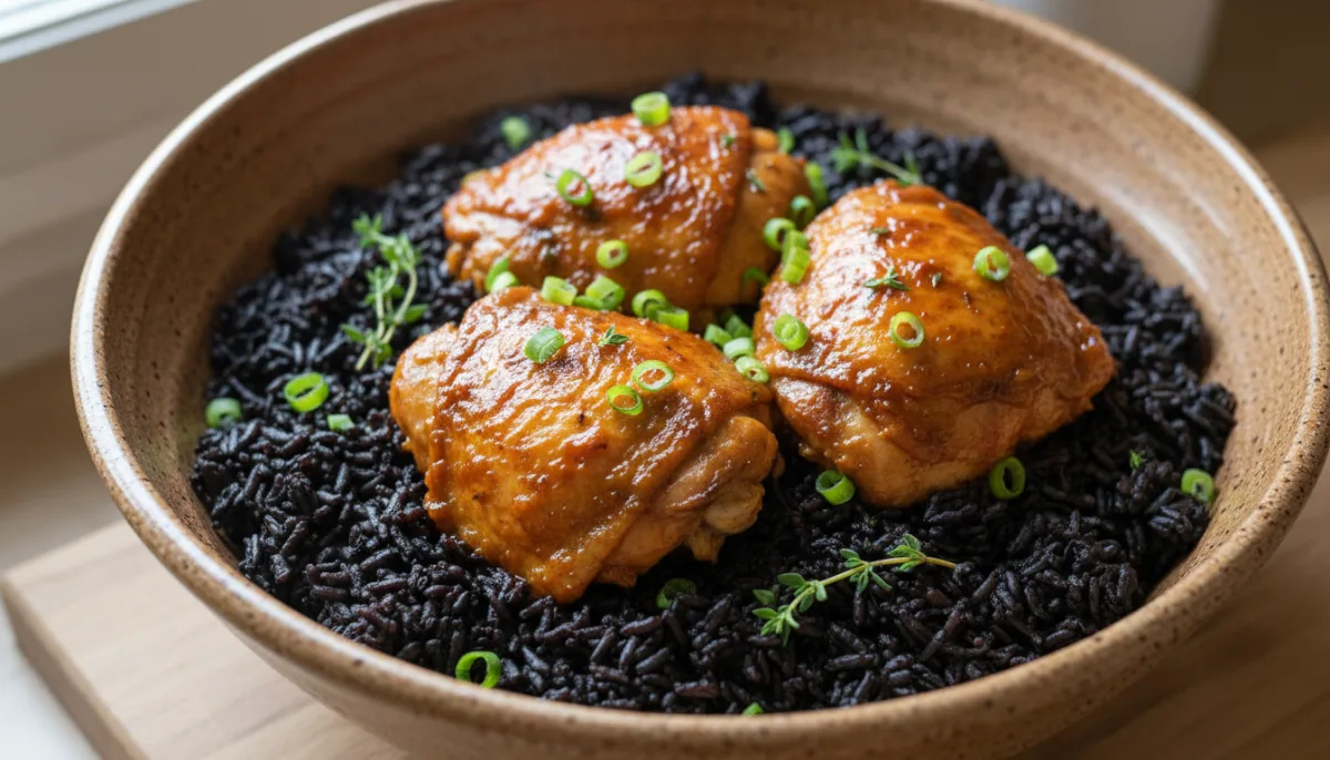 Haitian Riz Djon Djon (Black Mushroom Rice) with Poulet en Sauce