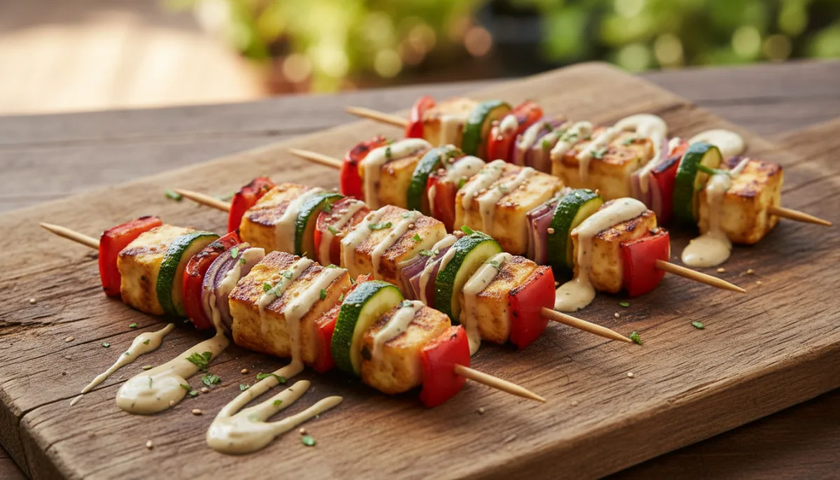 Halloumi and Vegetable Skewers with Tahini Drizzle