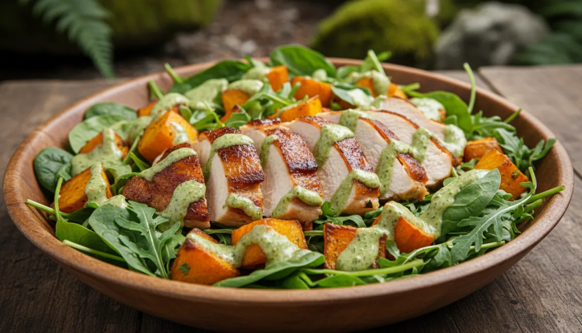 Hāngī-Style Chicken and Vegetable Salad with Kawakawa Dressing