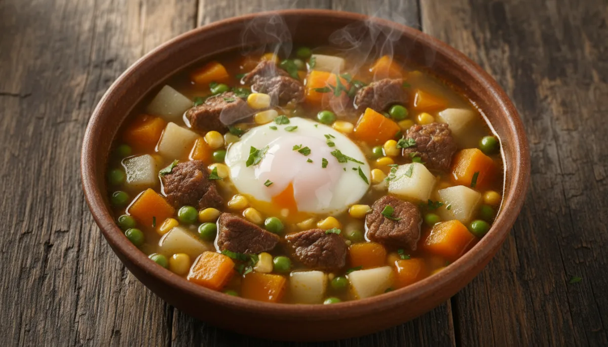 Herzhafte Chilenische Carbonada: Rindfleisch-Gemüse-Suppe mit pochiertem Ei