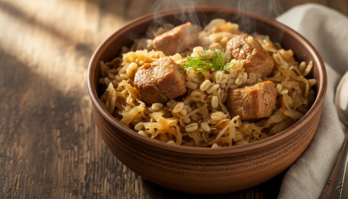 Herzhaftes estnisches Mulgikapsad (Sauerkraut mit Schweinefleisch und Gerste)