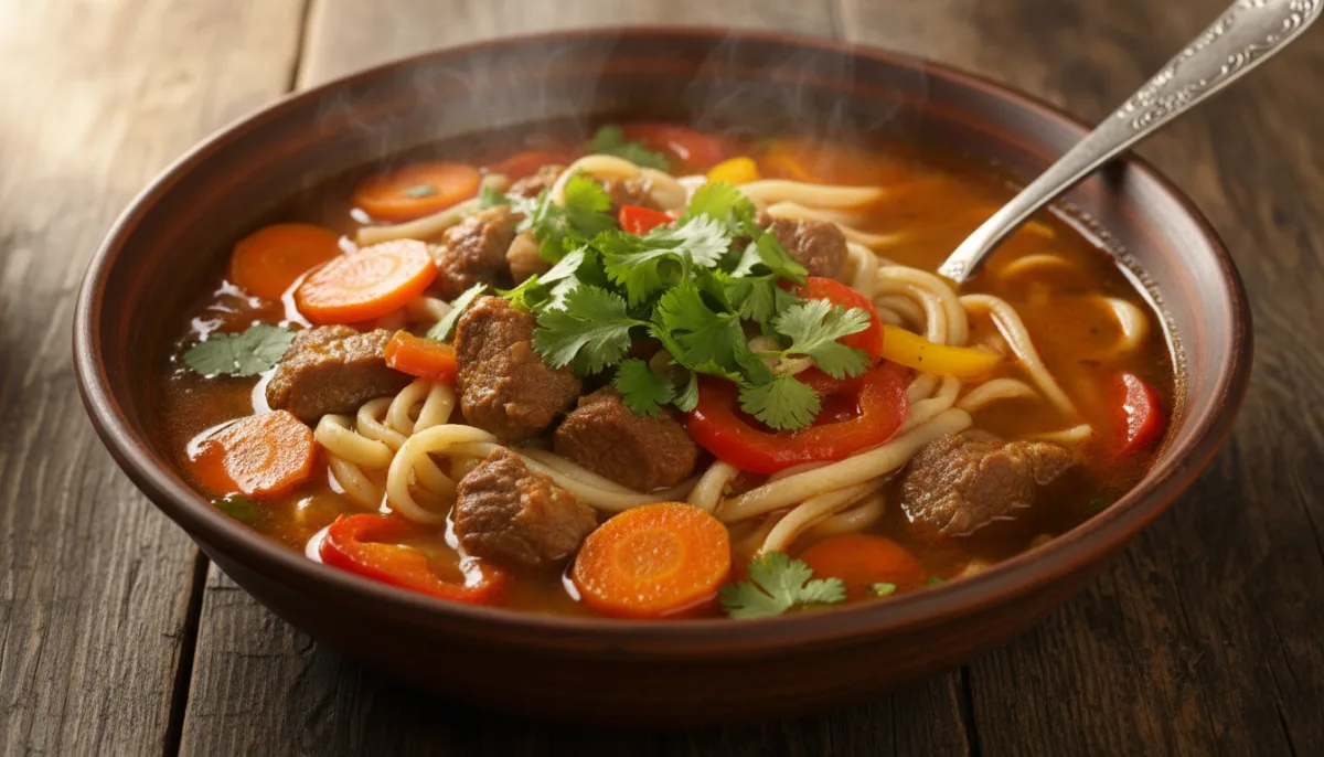 Supë e Ngopur Kazake me Mish Qengji dhe Makaronash (Lagman)