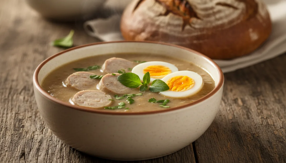 Herzhafte polnische Sauerteig-Roggensuppe (Żurek) mit Weißwurst und hartgekochtem Ei
