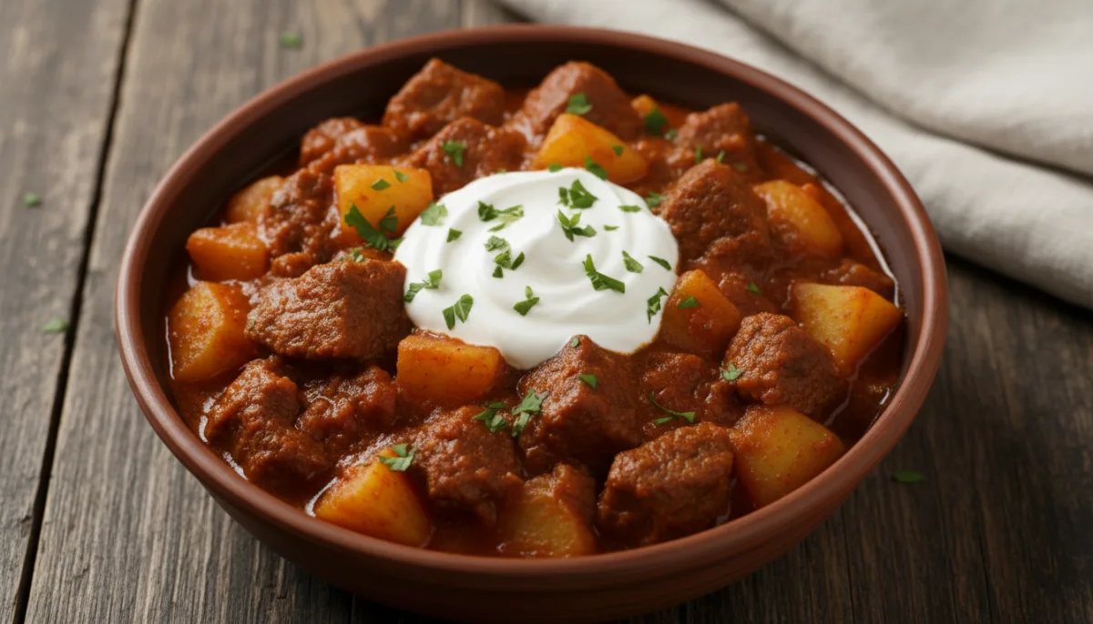 Gullash Serbe me Mish dhe Patate, me Paprika dhe Salcë Kosi