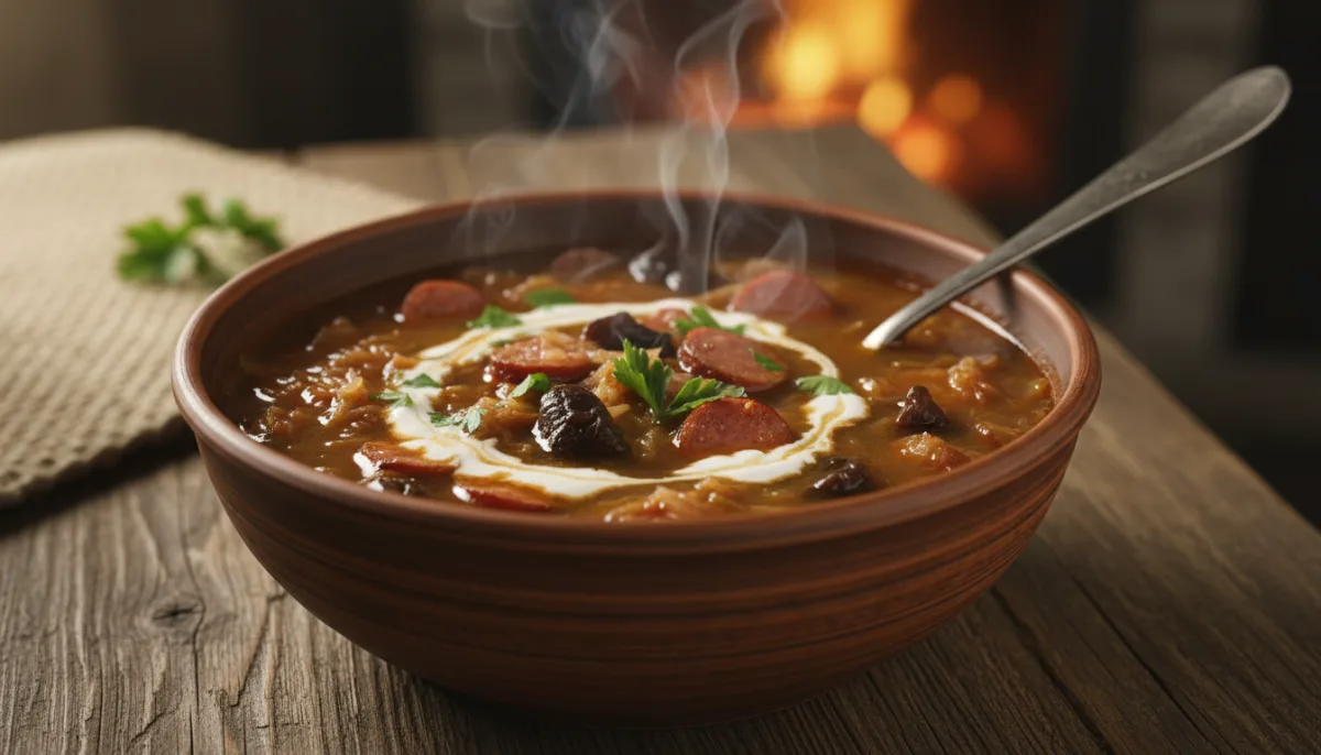 Herzhafte slowakische Kapustnica mit geräucherter Wurst und Waldpilzen