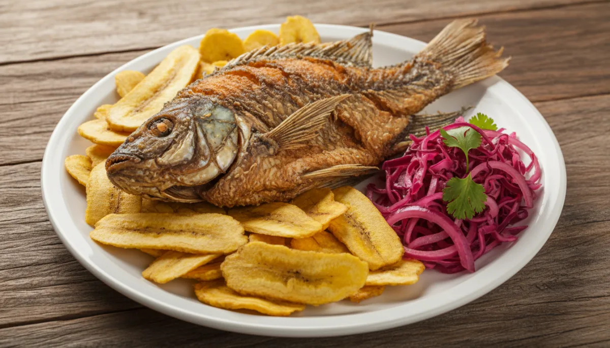 Authentic Honduran Fried Fish with Plantain Chips and Pickled Cabbage (Pescado Frito con Tajadas y Encurtido)