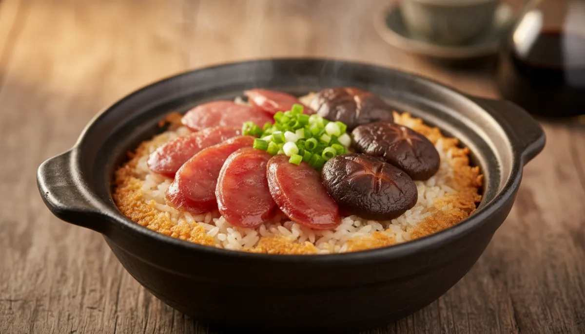 Riso in Pentola di Terracotta alla Hong Kong con Salsiccia Cinese e Funghi