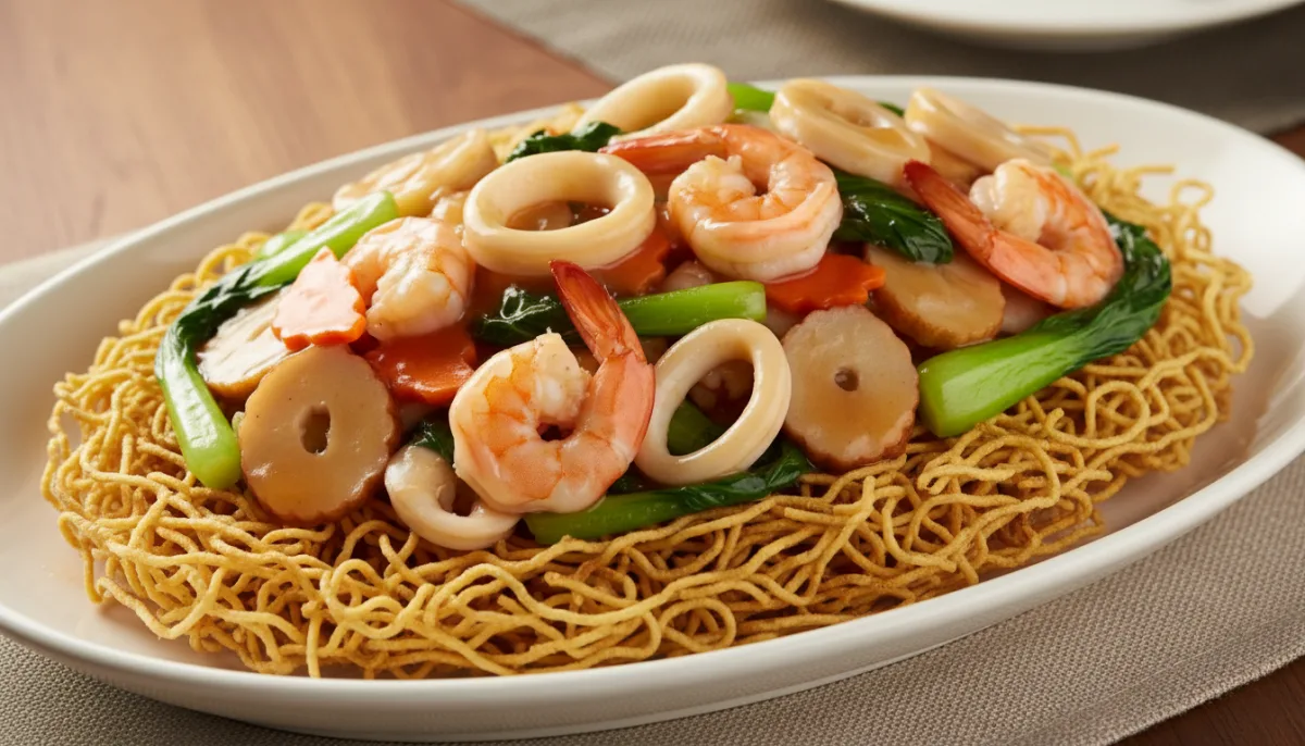 Crispy Pan-Fried Noodles with Savory Seafood Stir-fry (Hong Kong Style)