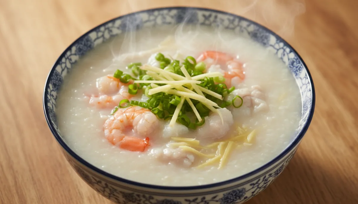 Hong Kong Style Seafood Congee with Dried Scallops and Ginger