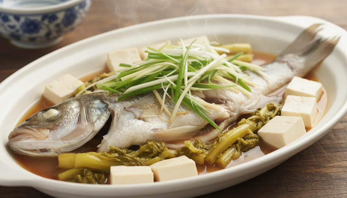 Peshk i Zier në Avull në Stil Hong Kongu me Perime të Turshitura dhe Tofu