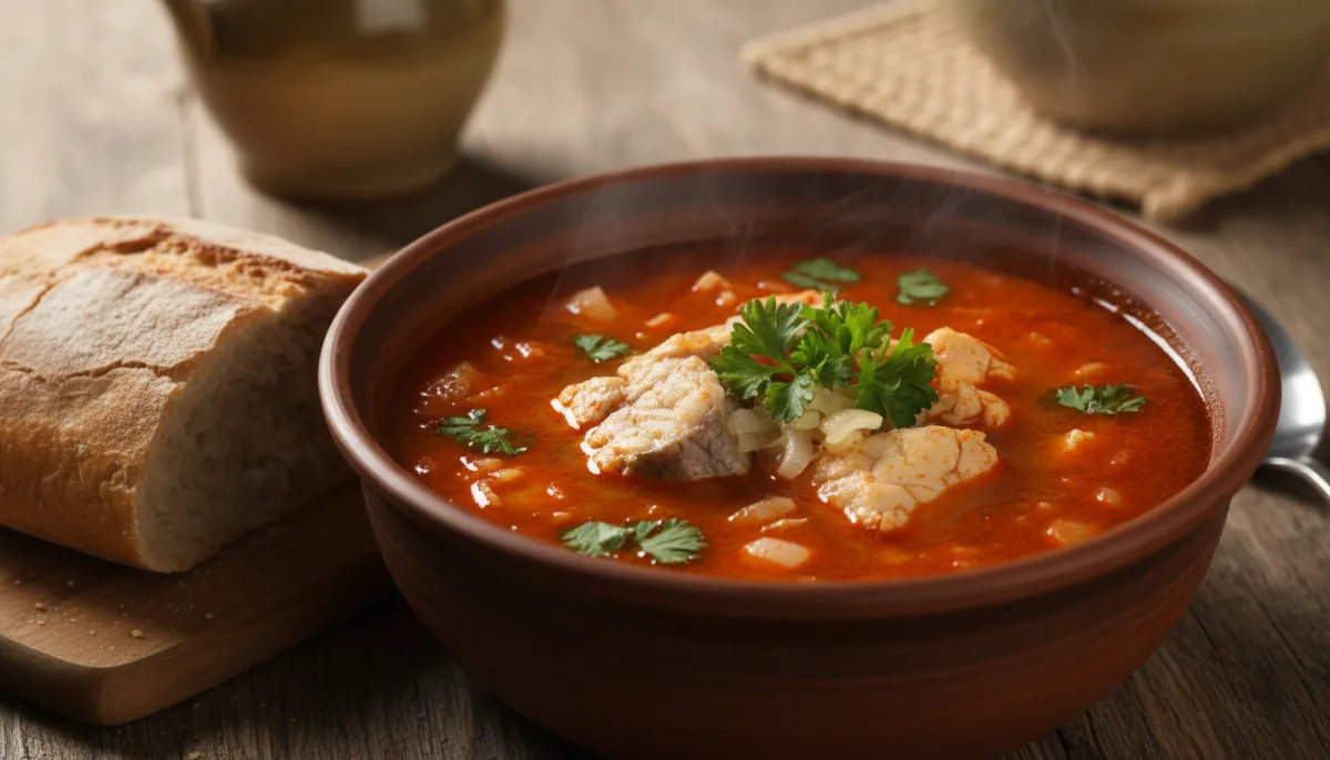 Ungarische Fischsuppe (Halászlé) mit knusprigem Brot
