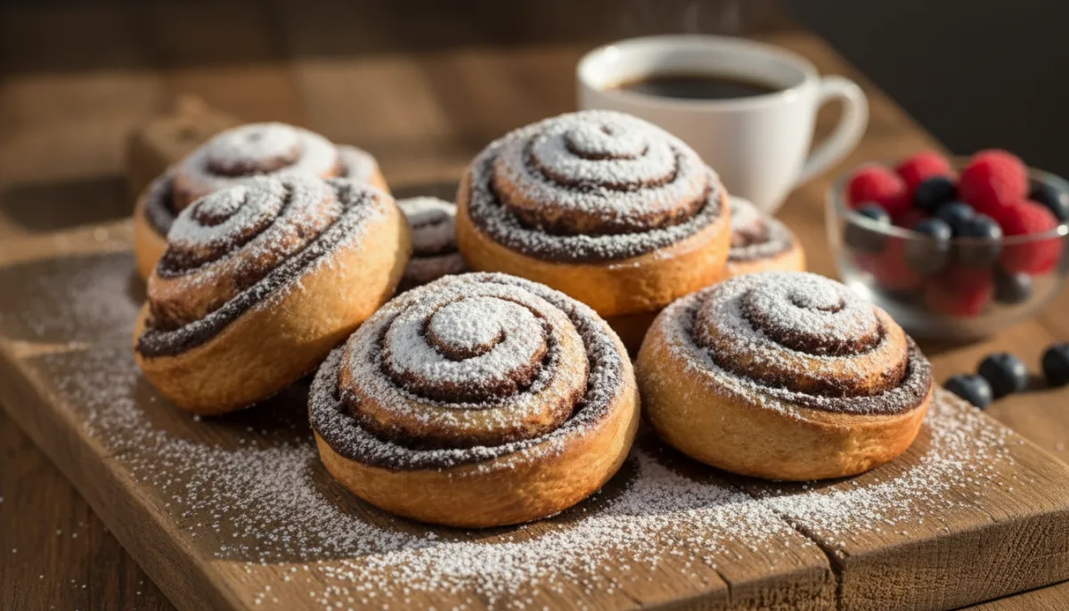 Hungarian Kakaós Csiga (Cocoa Snail Pastry) with Powdered Sugar