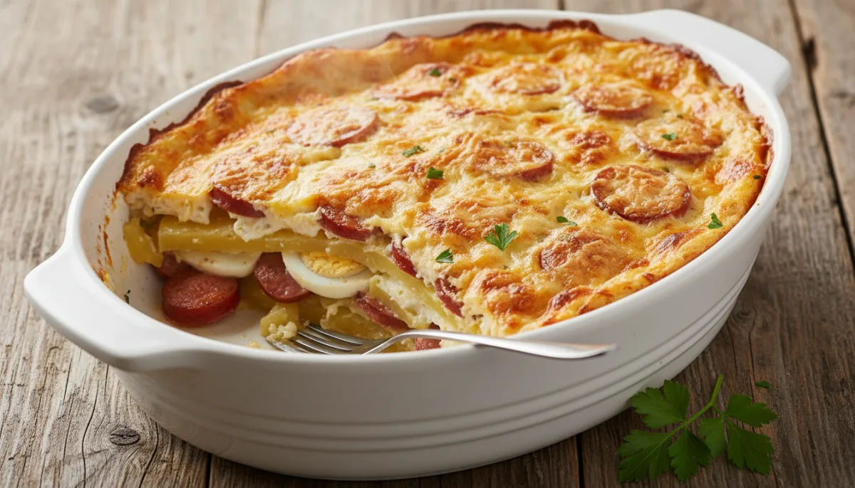 Hungarian Layered Potato Casserole (Rakott Krumpli) with Sausage and Sour Cream