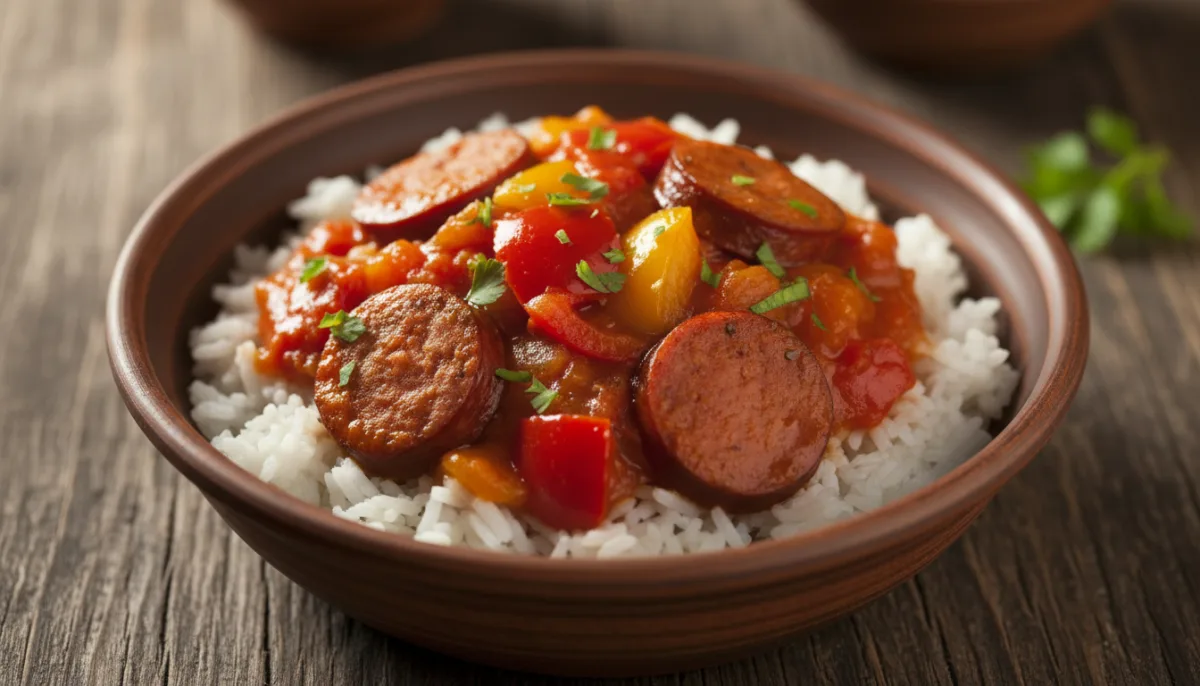 Classic Hungarian Lecsó with Kolbász and Rice