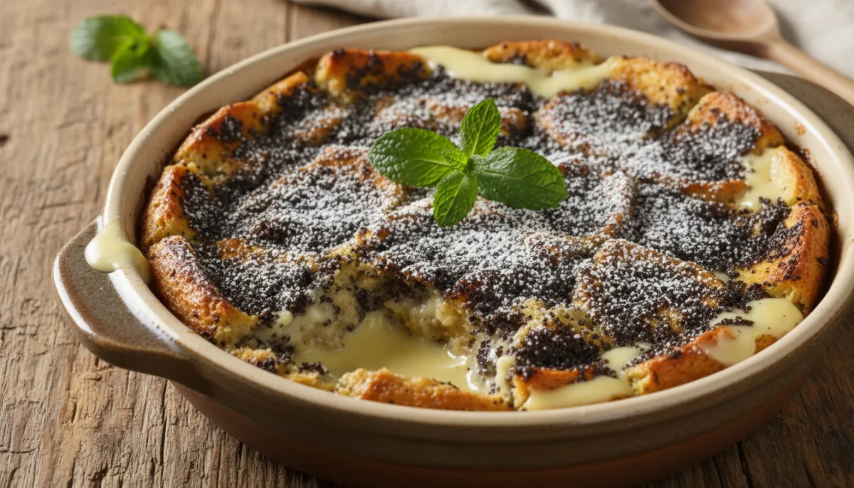 Hungarian Mákos Guba (Poppy Seed Bread Pudding) with Vanilla Custard