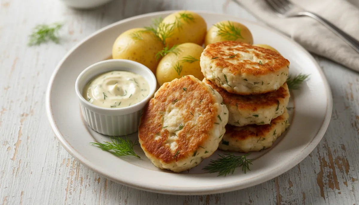 Qofte Peshku Islandeze me Salcë Remoulade dhe Patate të Ziera