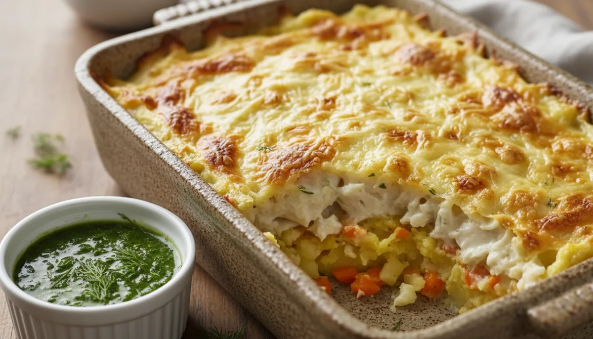 Gratin di Pesce Islandese con Purè di Verdure e Salsa all'Aneto