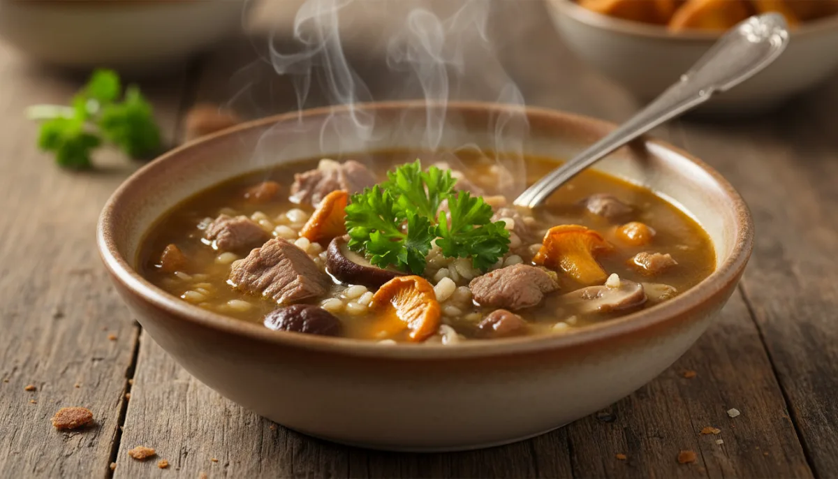 Traditionelle Isländische Kjötsúpa mit Gerste und Waldpilzen