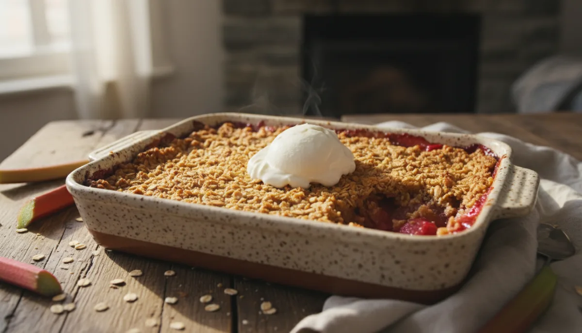Crumble de Ruibarbo Islandês com Cobertura de Skyr de Baunilha