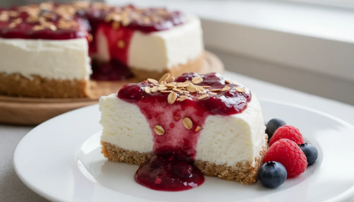 Tarta de Skyr Islandés con Coulis de Bayas y Avena Tostada