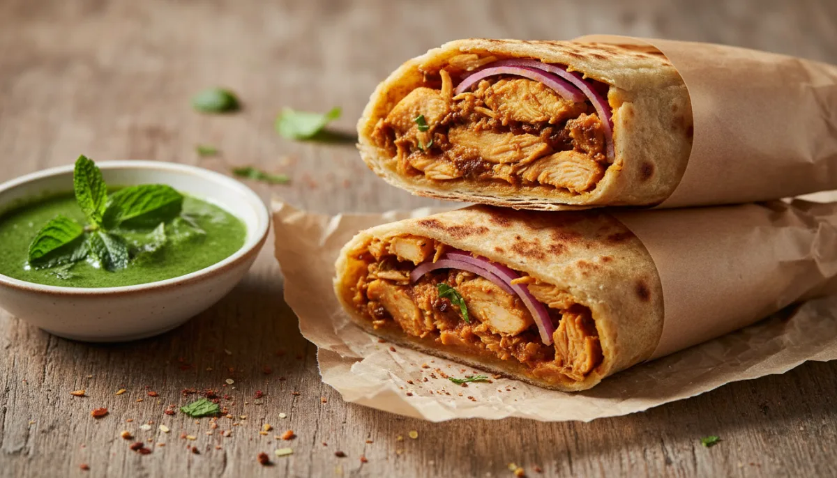 Rrotulla Kathi me pulë indiane të erëzuar dhe çatni menteje