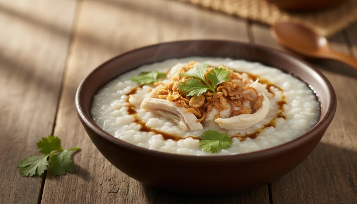 Bubur Ayam Indonezian (Qull Orizi me Pulë)