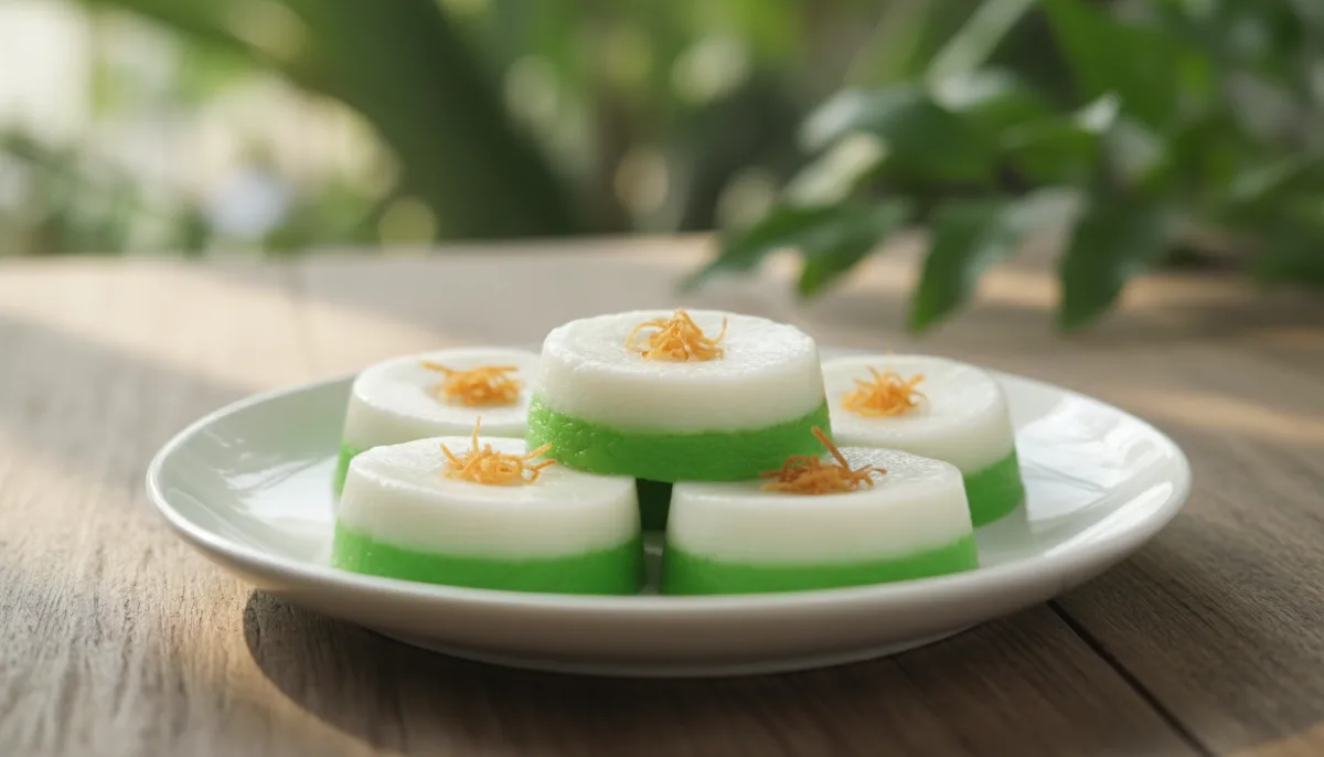 Pudín Indonesio de Leche de Coco y Harina de Arroz con Pandan (Kue Talam)