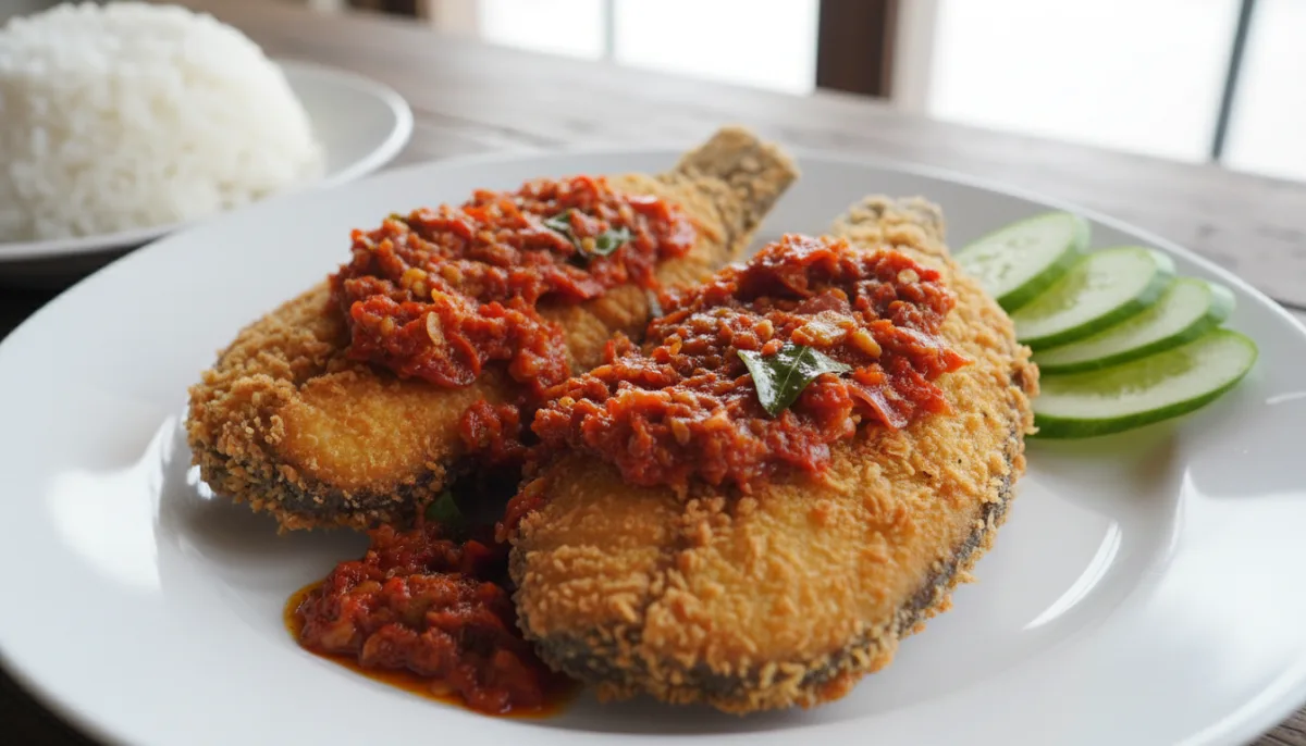 Peshk Mustak i Fërguar Indonezian me Salcë Pikante Sambal (Pecel Lele)