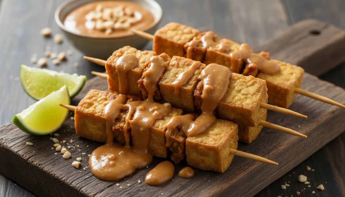 Hellëza Tofu dhe Tempeh të Fërguara Indoneziane me Salcë Kikiriku (Sate Tahu Tempe)