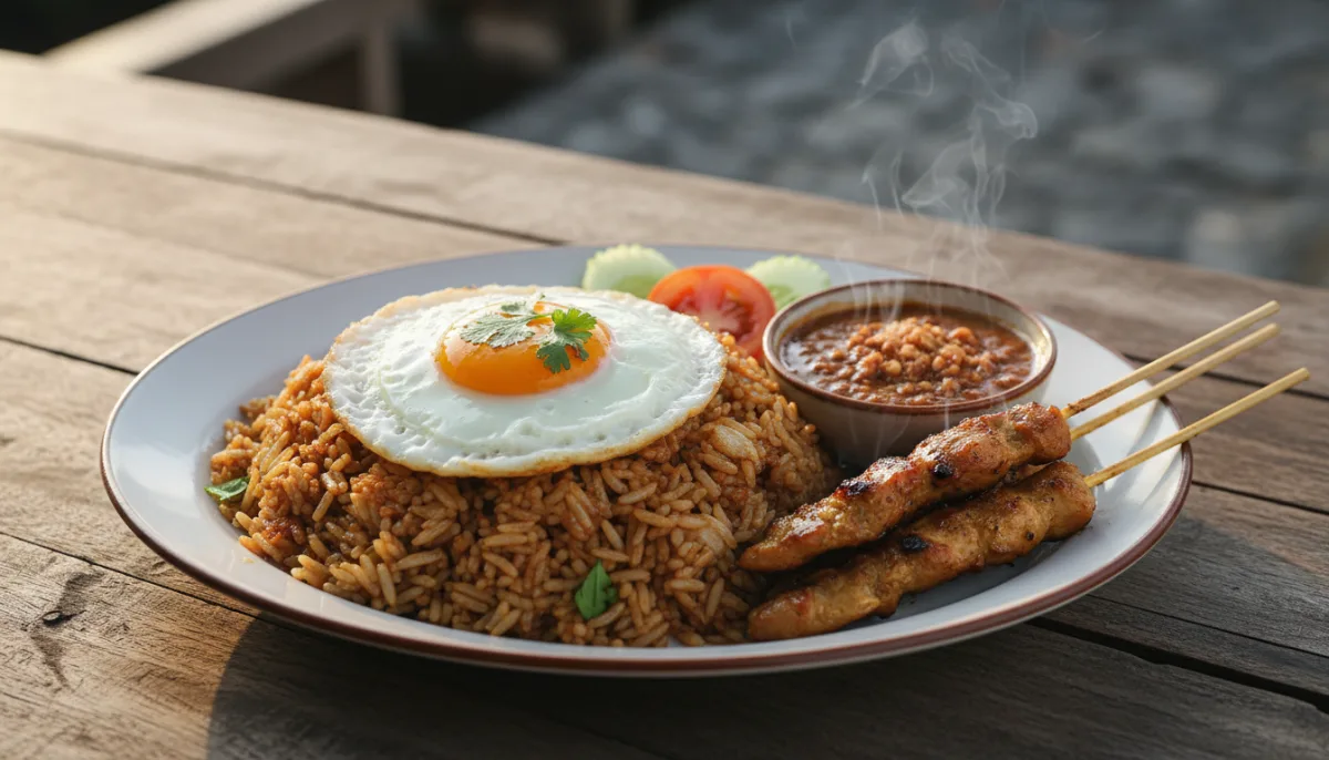 Nasi Goreng Indonezian me Vezë të Skuqur dhe Satay Pule