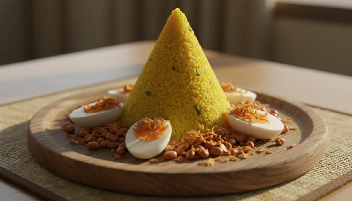 Nasi Kuning Indonesiano con Riso alla Curcuma e Contorni Assortiti